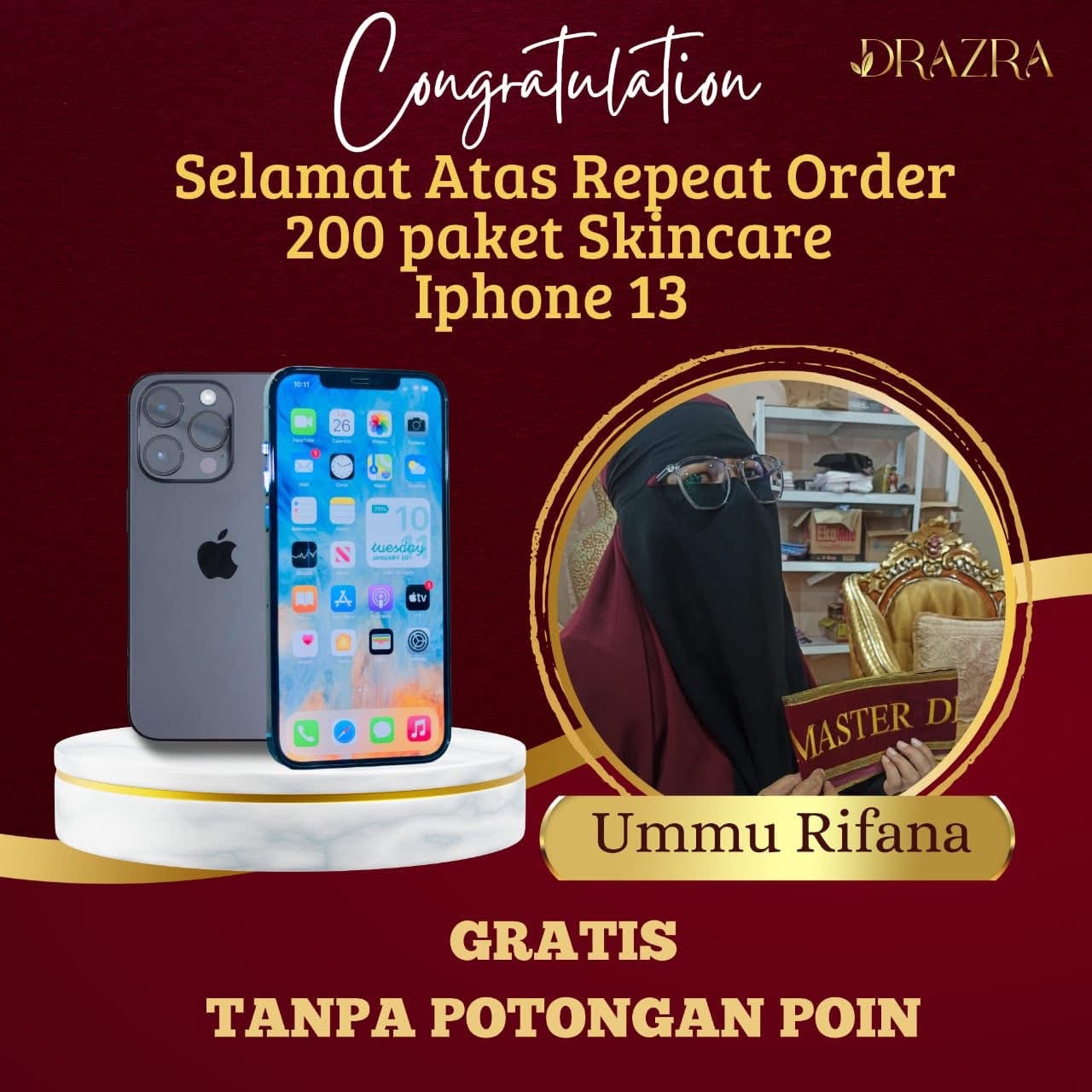 Repeat order 200 paket skincare dengan reward iPhone 13